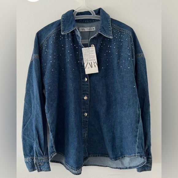 Zara Dark Blue Wash Denim Button-Up Blouse | Rhinestones | New | Small - Picture 4 of 11